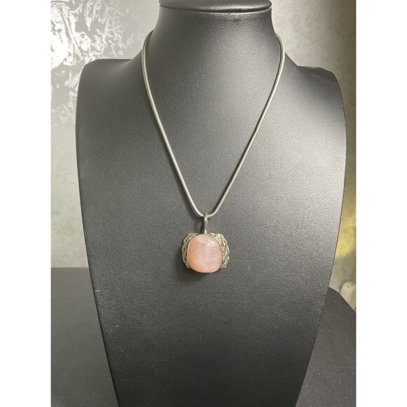 Silver Snake Chain Necklace With Rose Quartz Pendant - Picture 1 of 6